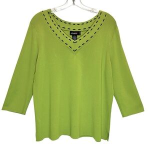 Studio G Lime Green V-Neck Sweater w/ Black Stitch Trim, 3/4 Sleeves - Size 2X